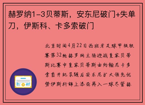 赫罗纳1-3贝蒂斯，安东尼破门+失单刀，伊斯科、卡多索破门